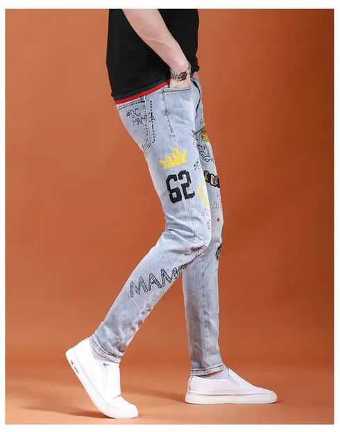 Slim Fit Korean Streetwear Graphical Printed Luxury Hip-Hop Stretch Denim Jeans for Men - Perfect Medium Wash Jeans Outfit